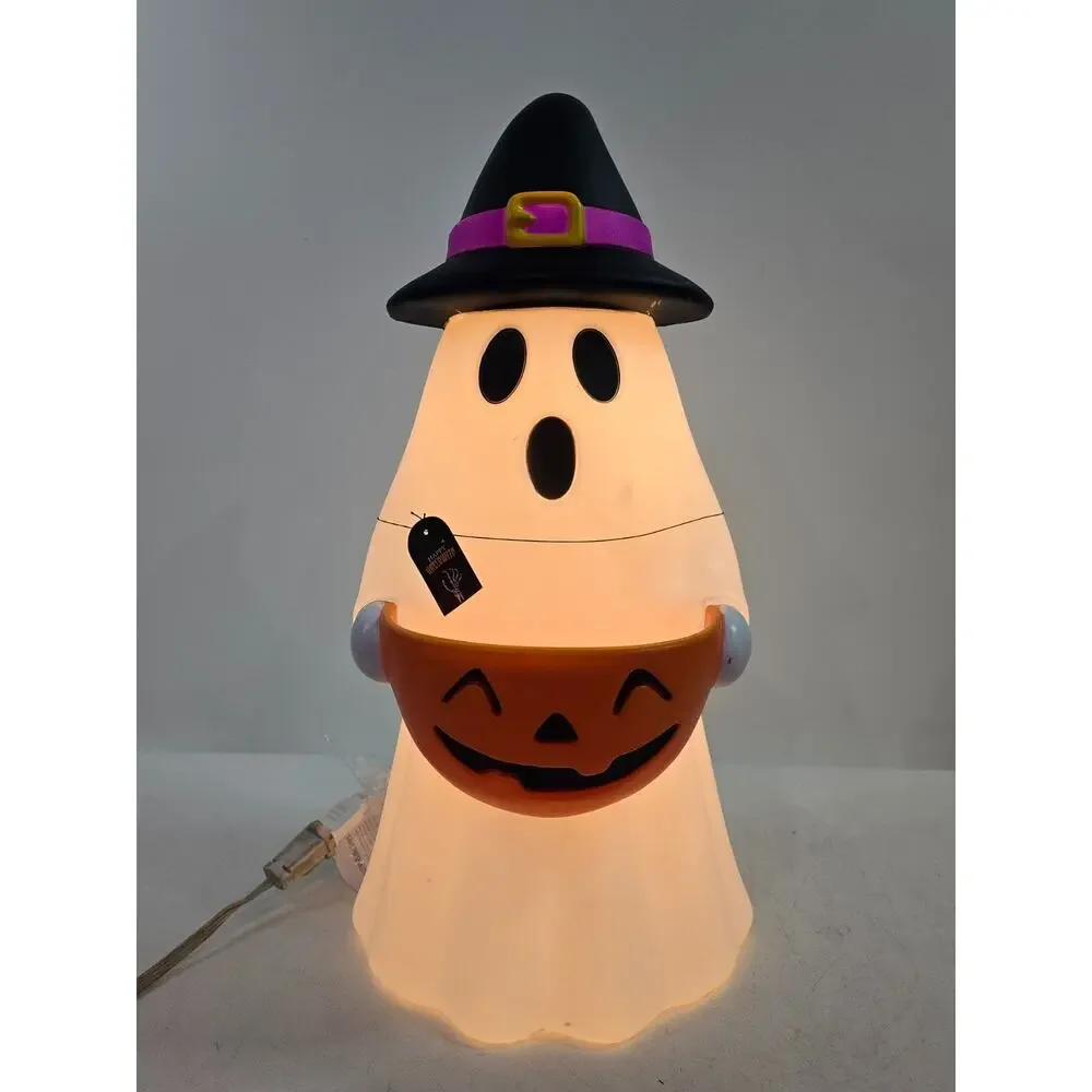 Halloween Ghost Witch Holding Pumpkin Candy Holder Lighted Blow Mold 24